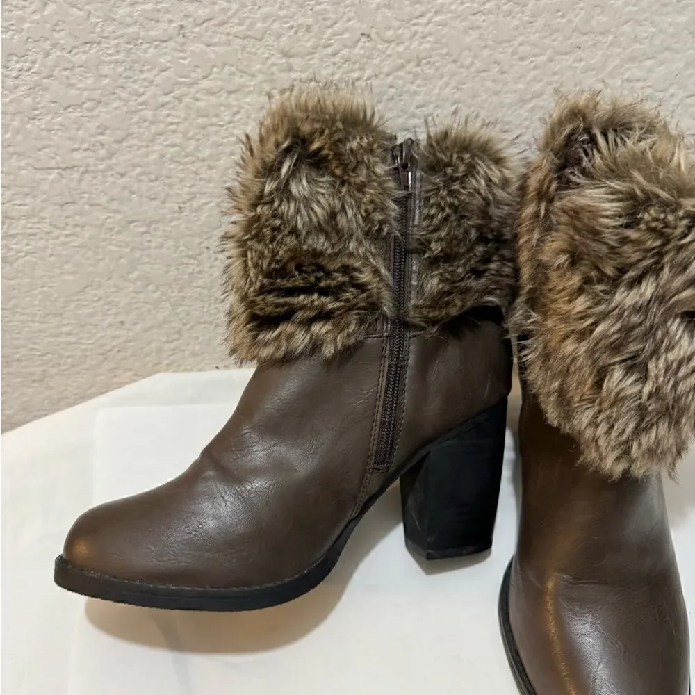 Sugar Pursuit Brown Boots with Faux Fur Collar